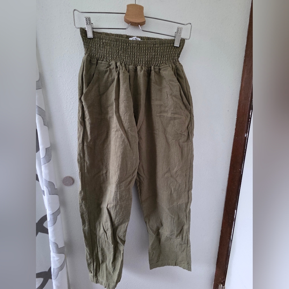 Emme Mama Maternity Smocked 100% Linen Pants Small - Olive